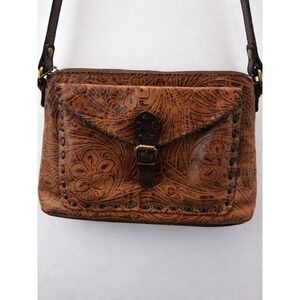 Patricia Nash Tooled Leather Crossbody Bag Floral Embossed Brown Boho